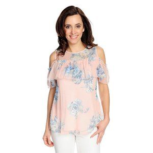 Kate & Mallory Printed Knit & Mesh Short Sleeve Cold Shoulder Ruffle Flounce, M
